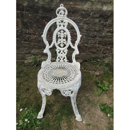 2059 - A cream painted cast aluminium garden terrace table with decorative circular pierced top 80 cm diame... 