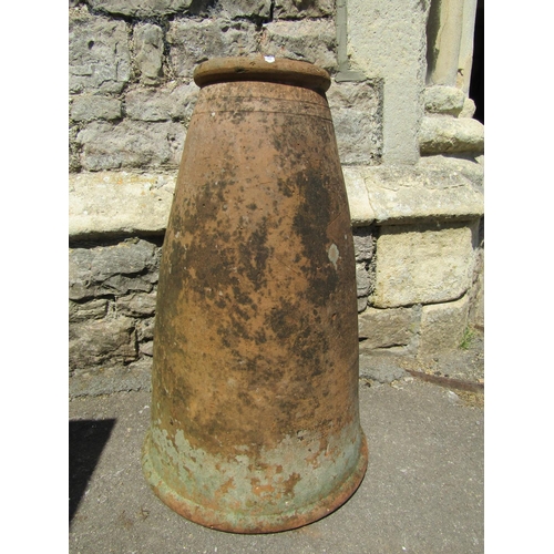 2091 - An old weathered terracotta conical shaped rhubarb forcer with moulded rim, 65 cm high