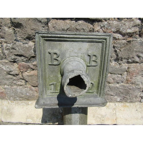 2107 - A 19th century lead drain water hopper and pipe initialled BB and dated 1842, 102 cm high