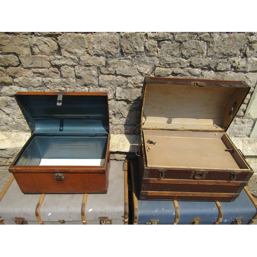 2163 - A vintage wooden lathe bound domed top travelling trunk together with a tin trunk and two wooden and... 