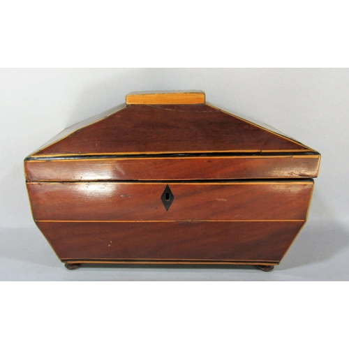 1514 - A mahogany Regency sarcophagus shaped tea caddy with satin wood stringing, with two caddies inside, ... 