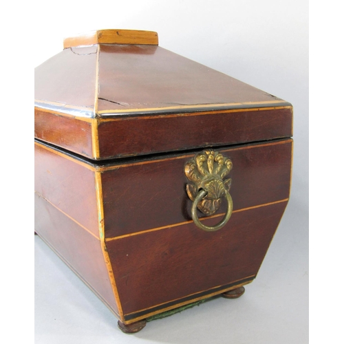 1514 - A mahogany Regency sarcophagus shaped tea caddy with satin wood stringing, with two caddies inside, ... 