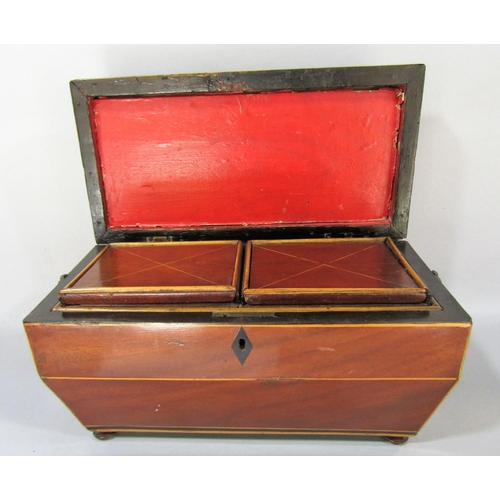 1514 - A mahogany Regency sarcophagus shaped tea caddy with satin wood stringing, with two caddies inside, ... 