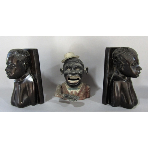 1517 - A pair of African carved hardwood book ends of female heads, a mechanical money box, silver plate fl... 