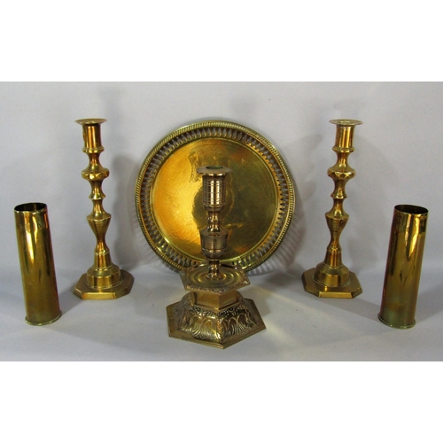 1520 - A mixed selection of mainly 19th century brass and copper ware, including a frying pan candle sticks... 