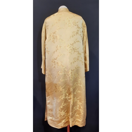 1548 - Vintage kimono in gold patterned silk with frog fasteners and quilted mandarin collar and cuffs. Bac... 