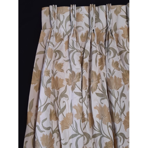 1577 - One pair of curtains in pale yellow/ green woven floral pattern, lined with triple pleat heading. Ap... 