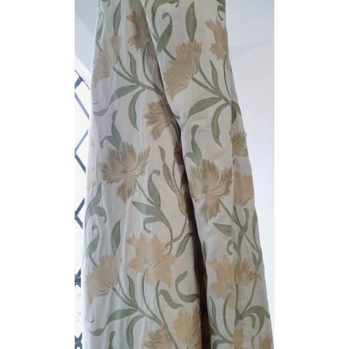 1577 - One pair of curtains in pale yellow/ green woven floral pattern, lined with triple pleat heading. Ap... 