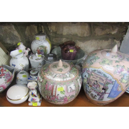 1083 - Collection of lidded jars to include Dresden example, toilet water bottle and cover, etc