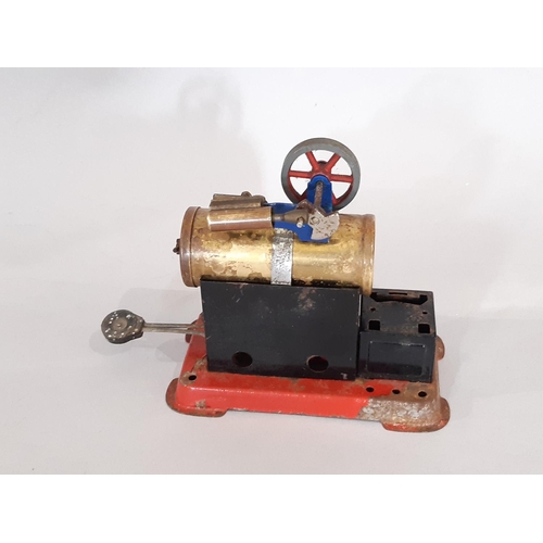 286 - Small Mamod stationary steam engine height 12cm with spirit burner and fly wheel (no chimney), toget... 