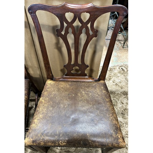 2201 - A set of three George III mahogany dining chairs, with carved and pierced splats, together with two ... 