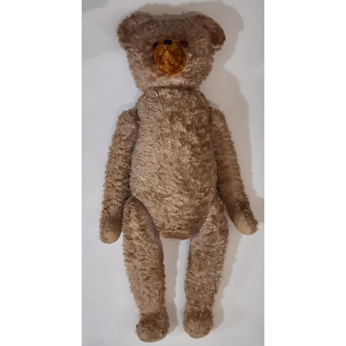 281 - Tall vintage teddy bear with large firmly stuffed body, long limbs, restoration to snout with stitch... 