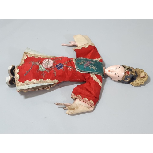 280 - Two early 20th century Chinese 'Opera' dolls, with long puppet-style hands, wearing traditional embr... 