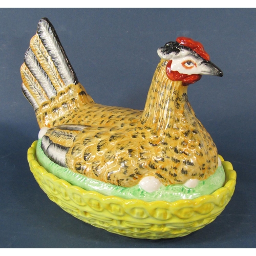 1016 - Three 19th century Staffordshire hen on nest tureens in varying colourways and sizes