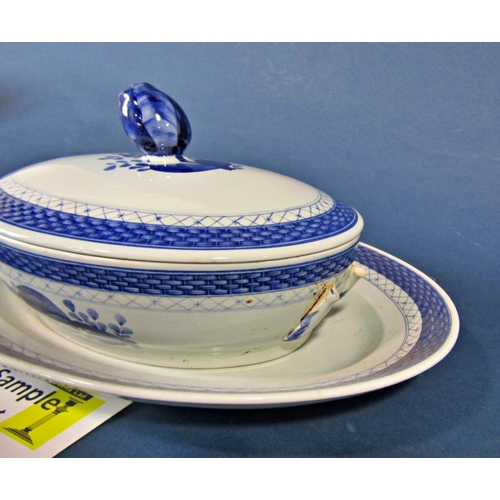 1110 - Danish blue and white dinner wares including lidded tureen, sauce boats, 2-handled soup bowls and gr... 