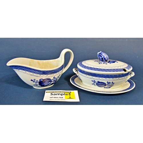 1110 - Danish blue and white dinner wares including lidded tureen, sauce boats, 2-handled soup bowls and gr... 