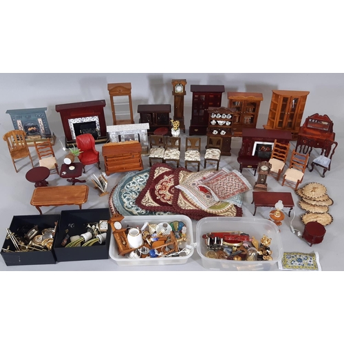 257 - A collection of dolls house dining room / living room furnishings including tables, chairs, dressers... 