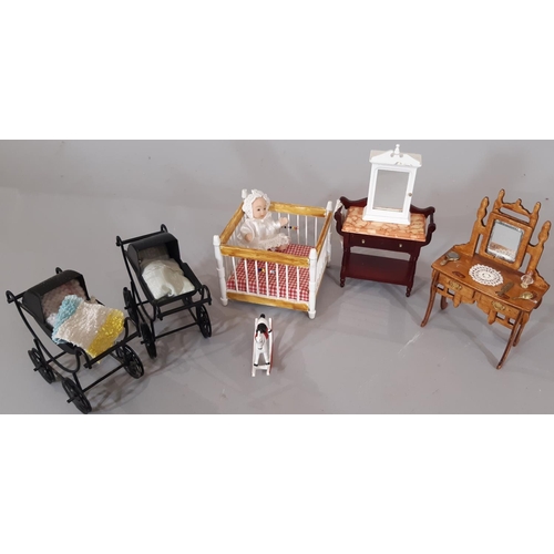 255 - A collection of dolls house furnishings for bedroom, bathroom and nursery including period bathroom ... 