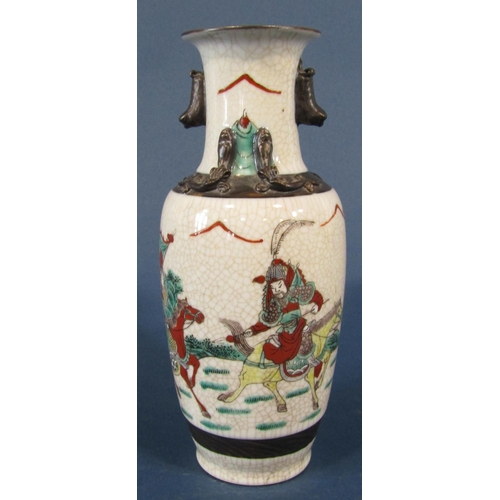 1071 - A Japanese crackle glazed vase with samurai detail and three small cloisonné pots