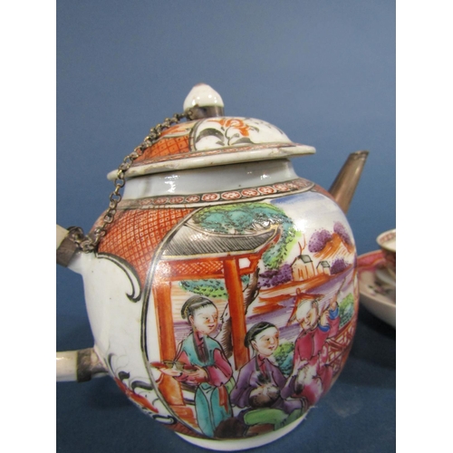 1073 - An 18th century famille rose teapot with replacement silver spout and repaired handle together with ... 