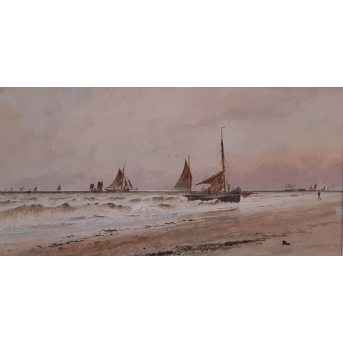 22 - Charles Sim Mottram RBA (act.1876-1919) - 'Fishing Boats Approaching the Shore' (1880), watercolour ... 