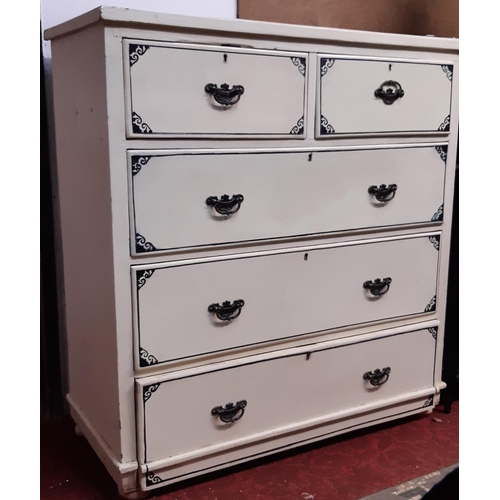 2121 - A painted pine chest of three long and two short graduated drawers with cast brass handles, 98cm wid... 