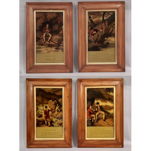 63 - (Angling Interest) After Samuel Howitt - Set of four reverse glass prints of angling scenes, 15 x 28... 