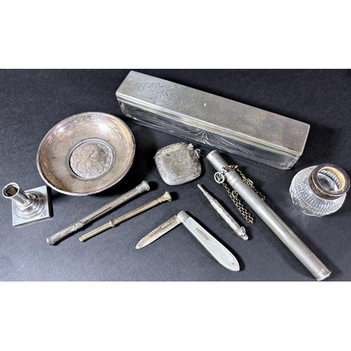 1245 - A mixed selection of silver and silver plated items including a silver covered glass box, a vesta ca... 
