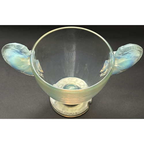 1166 - A Lalique cloudy double ram handled Belier bowl, engraved R. Lalique France , 19cm high (max) by 14.... 