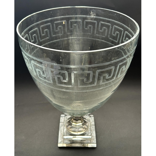 1173 - A very large glass 19th century vase with engraved Greek key bands, with a fluted stem and a stepped... 