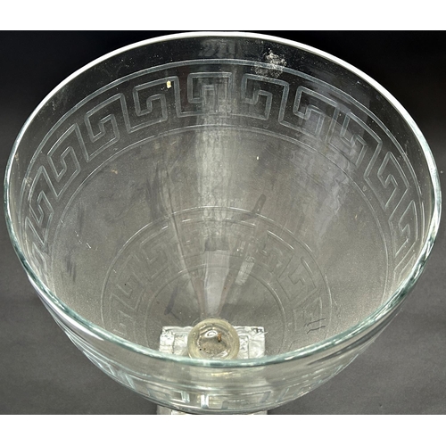 1173 - A very large glass 19th century vase with engraved Greek key bands, with a fluted stem and a stepped... 