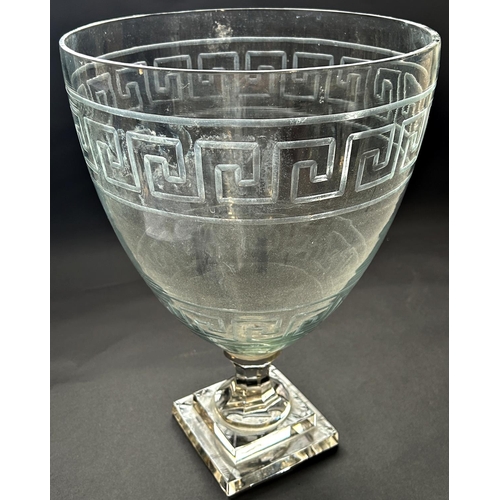 1173 - A very large glass 19th century vase with engraved Greek key bands, with a fluted stem and a stepped... 