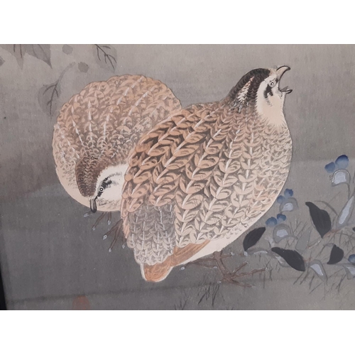 84 - Ohara Koson (1877-1945) - Two Quail, woodblock print with bodycolour, red seal lower left, 18 x 34 c... 