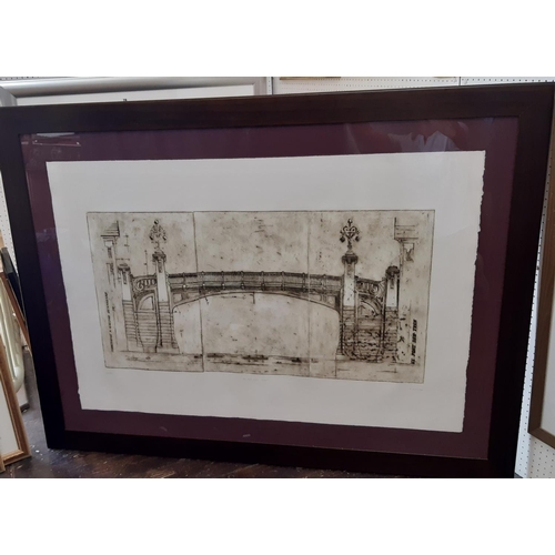 85 - F. Fuentes (20th Century) - 'Es Pont des Tren', limited edition engraving in three plates, inscribed... 