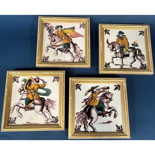 1081 - Four Dutch tiles showing 17th century equestrian figures together with two further Delft tiles with ... 