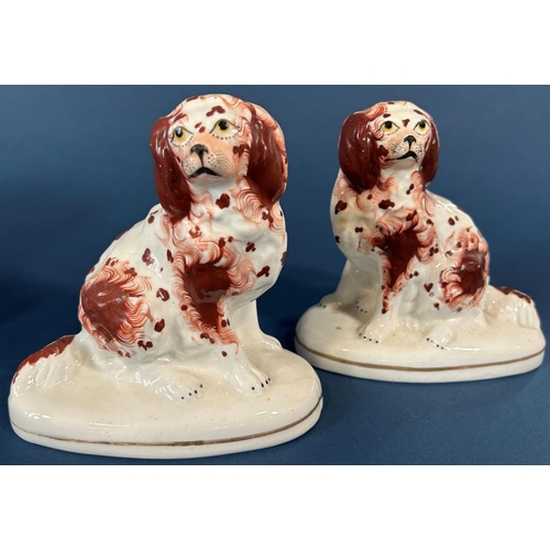 1082 - A pair of 19th century Staffordshire spaniels with rust red panels and a further pair of spaniels se... 