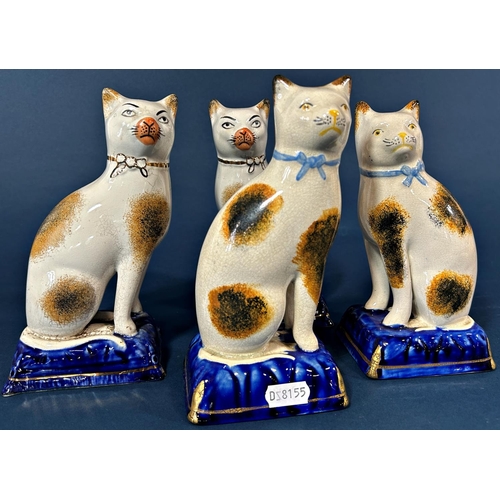 1084 - Two pairs of Staffordshire cats upon blue cushions, a further pair of Staffordshire poodles with shr... 