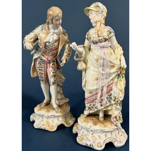 1085 - A pair of 19th century continental porcelain figures male and female characters in 18th century dres... 