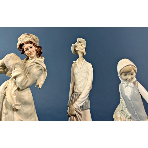 1100 - A Lladro figure of Don Quixote, three further Nao figures and a resin figure of a girl in winter clo... 