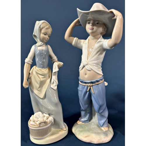 1100 - A Lladro figure of Don Quixote, three further Nao figures and a resin figure of a girl in winter clo... 