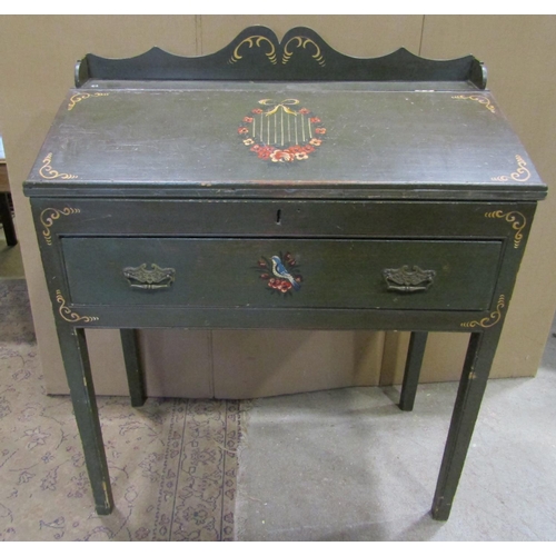 2252 - 19th century painted pine writing desk with rising lid, single frieze drawer, 95cm wide