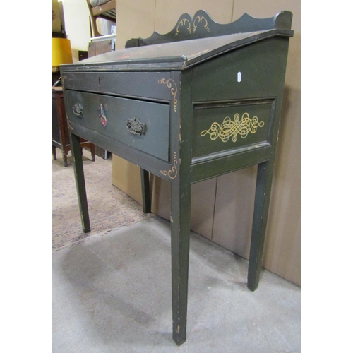 2252 - 19th century painted pine writing desk with rising lid, single frieze drawer, 95cm wide