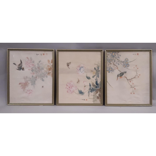 102 - Seven Chinese Works to Include: Set of three 19th/20th century silk paintings of birds, insects and ... 