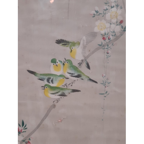 102 - Seven Chinese Works to Include: Set of three 19th/20th century silk paintings of birds, insects and ... 