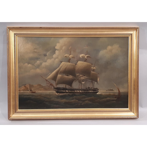 105 - 'HMS Winchester Admiral Seymour 1857', oil on canvas, unsigned, indistinctly inscribed lower left wi... 