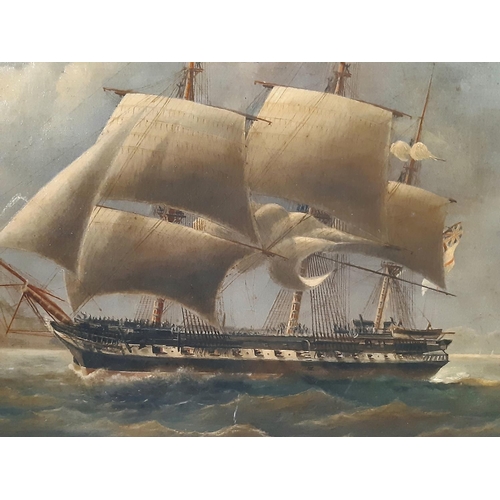 105 - 'HMS Winchester Admiral Seymour 1857', oil on canvas, unsigned, indistinctly inscribed lower left wi... 