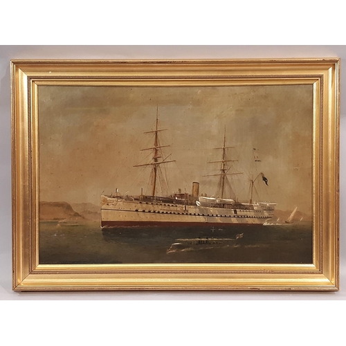 106 - 'R.I.M.S. 'Clive' Launched November...', oil on canvas depicting the HMS 'Clive' British Troopship, ... 