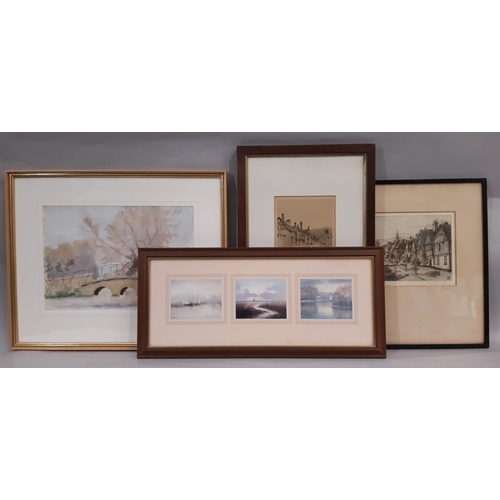 142 - Twelve Framed Artworks to Include: Two watercolours of bridges, unsigned, on titled 'Bibury' and dat... 