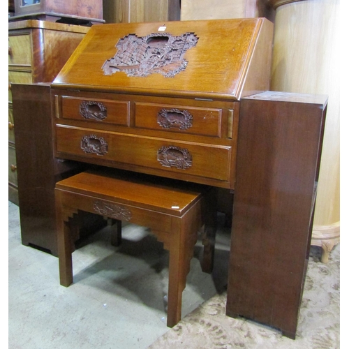 2334 - Chinese hardwood bureau bookcase in a side by side arrangement the fall flap enclosing a fitted inte... 