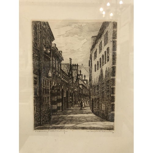 145 - Nine Framed Prints to Include: European etching of street scene, indistinctly signed and titled belo... 